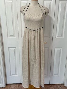 White Closet Cream Linen Halter Maxi Dress with Black Piping